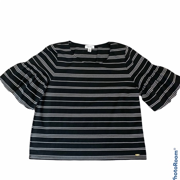 CALVIN KLEIN Balloon Sleeve Blk / White Stripe Top - Picture 1 of 10